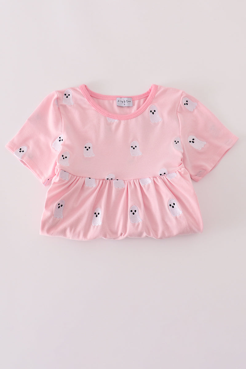 Pink ghost embroidery ruffle pants set