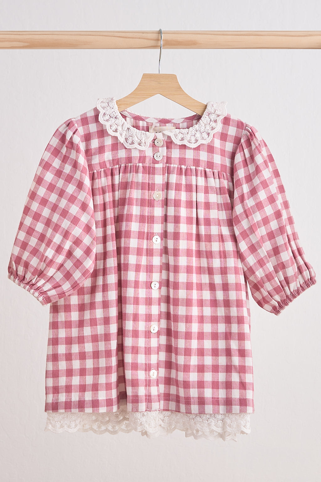 Pink gingham flannel lace dress
