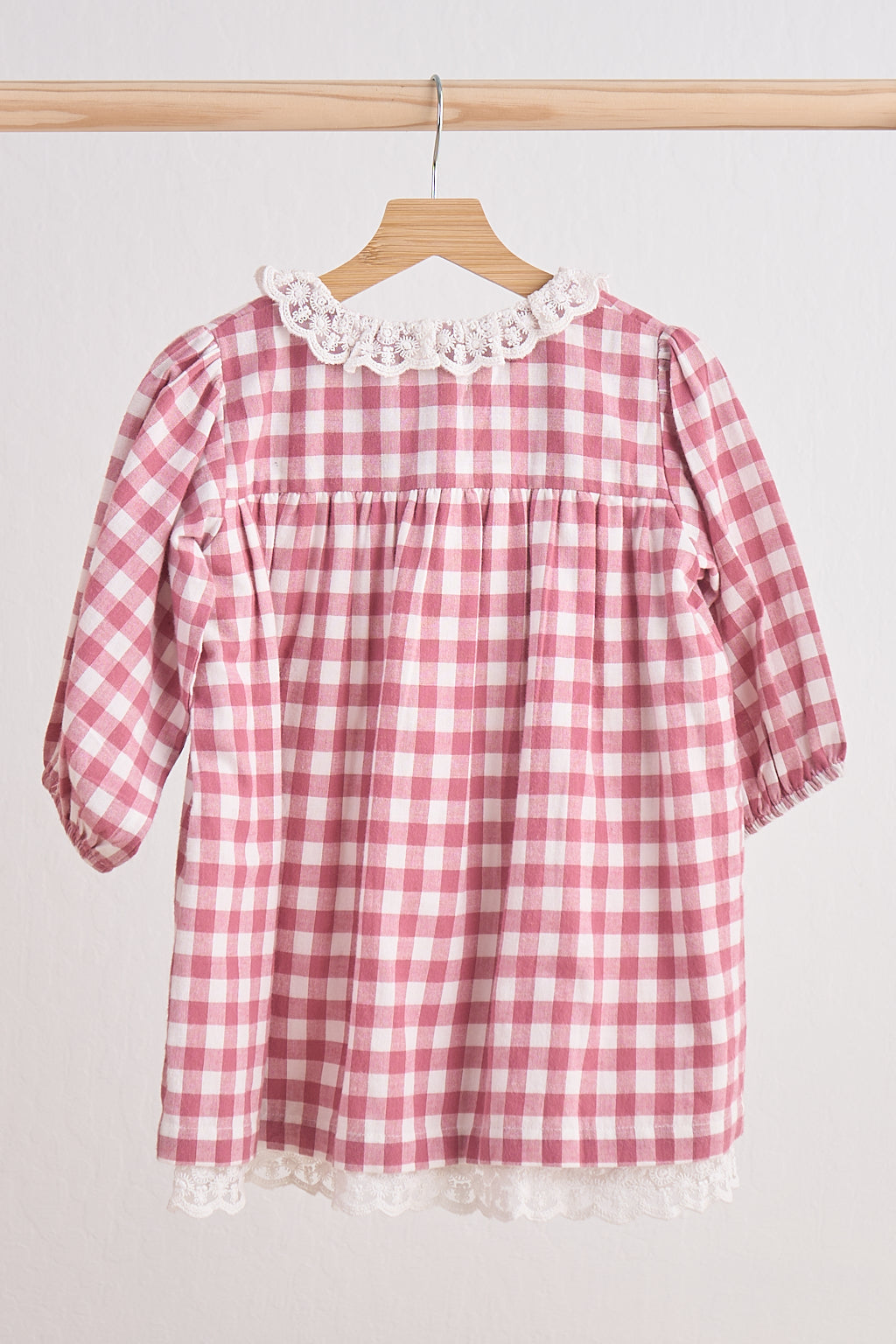 Pink gingham flannel lace dress