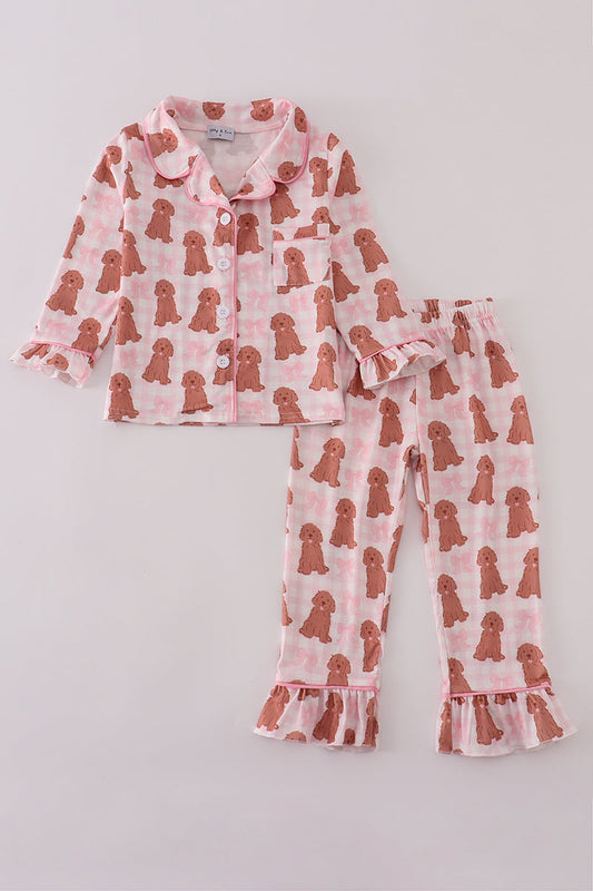 Pink puppy bow print ruffle pajamas set