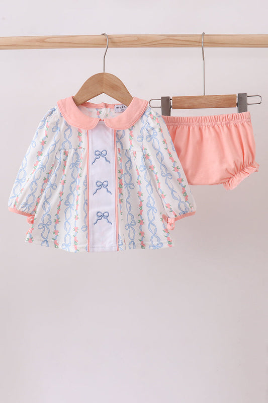 Pink floral bow embroidery bloomer set