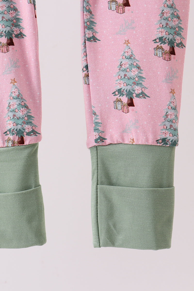 Pink christmas tree bamboo ruffle zipper romper