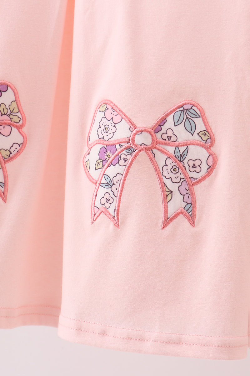 Pink floral bow applique ruffle dress