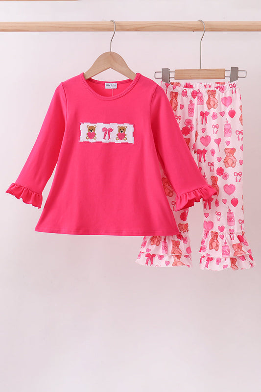 Pink bear embroidery ruffle pants set