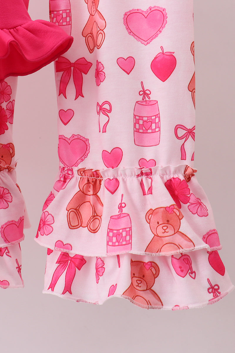 Pink bear embroidery ruffle pants set