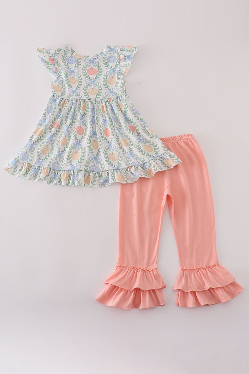 Green bow print ruffle pants set