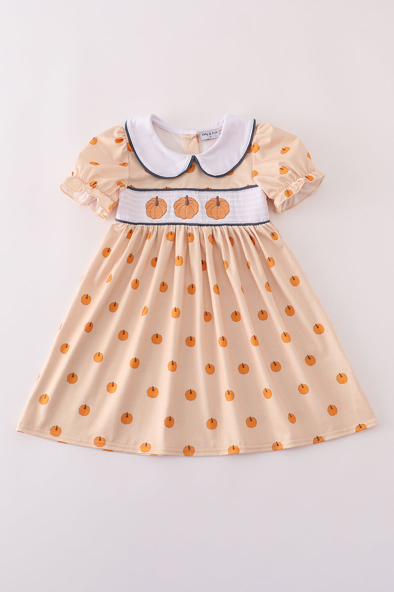 Khaki embroidery smocked dress