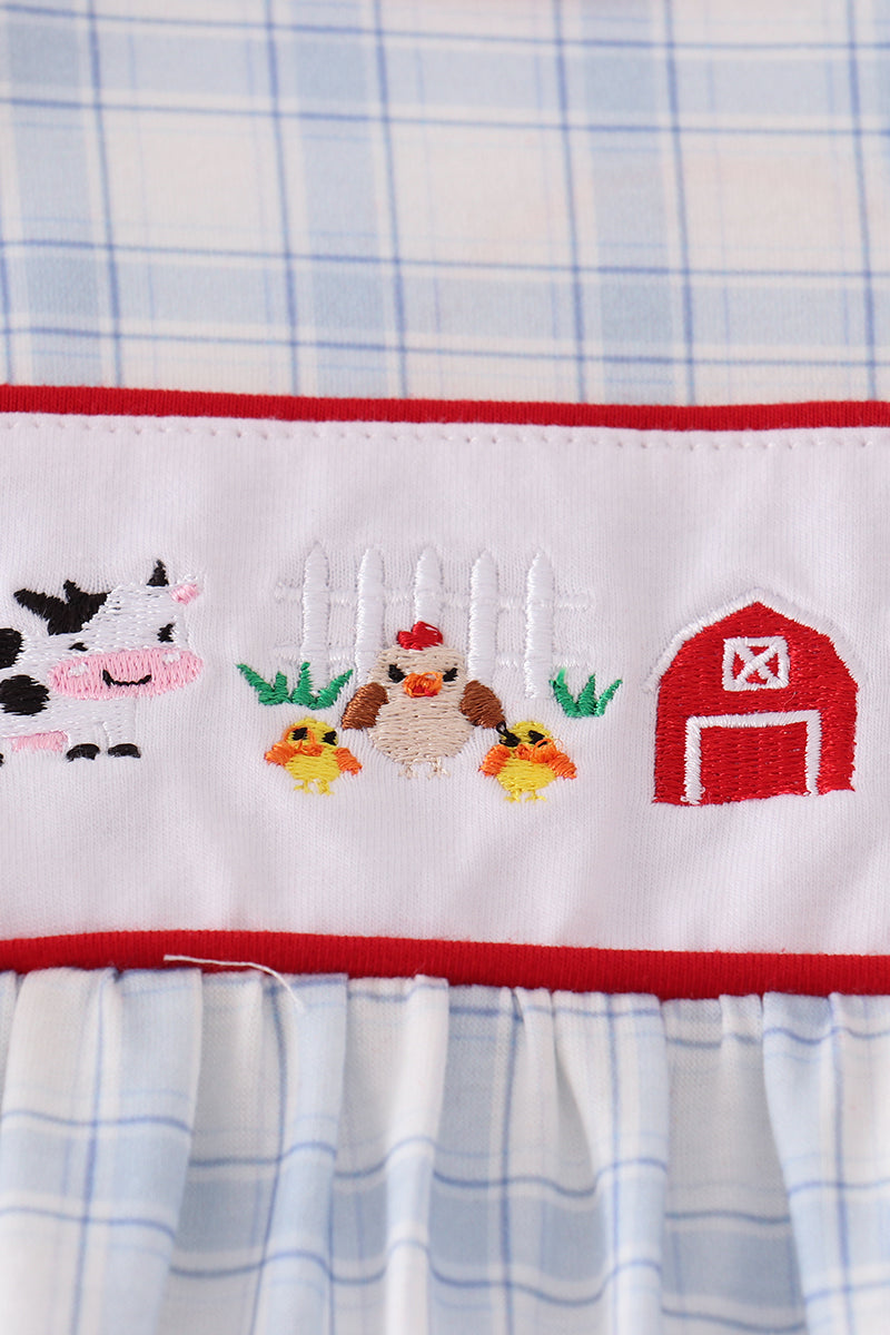 Blue farm embroidery plaid ruffle bubble