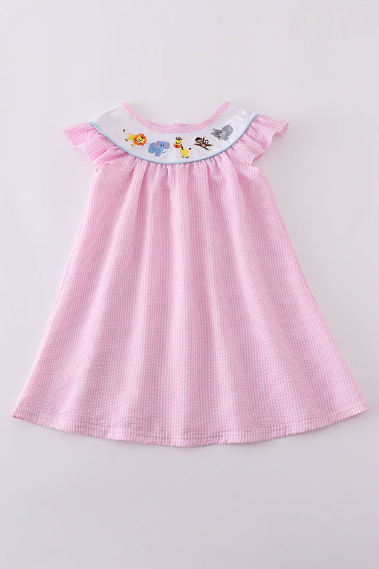 Pink seersucker animal embroidery dress