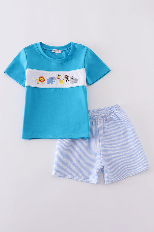 Blue seersucker animal embroidery set