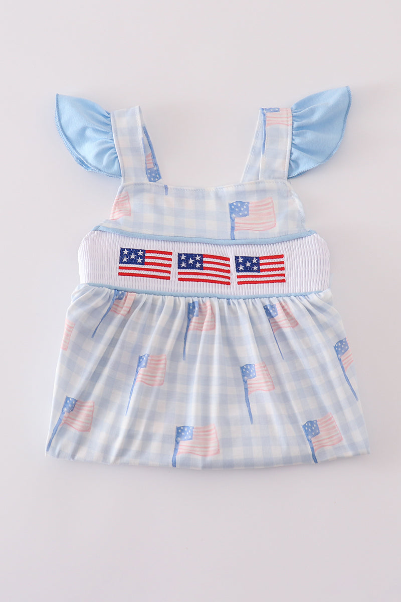 Blue flag embroidery smocked gingham dress