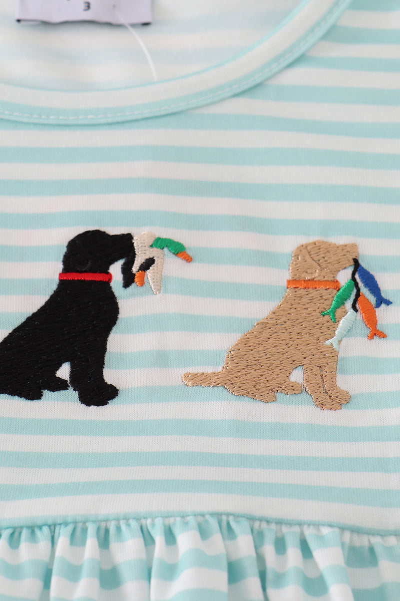 Green stripe puppy hunting embroidery shorts set