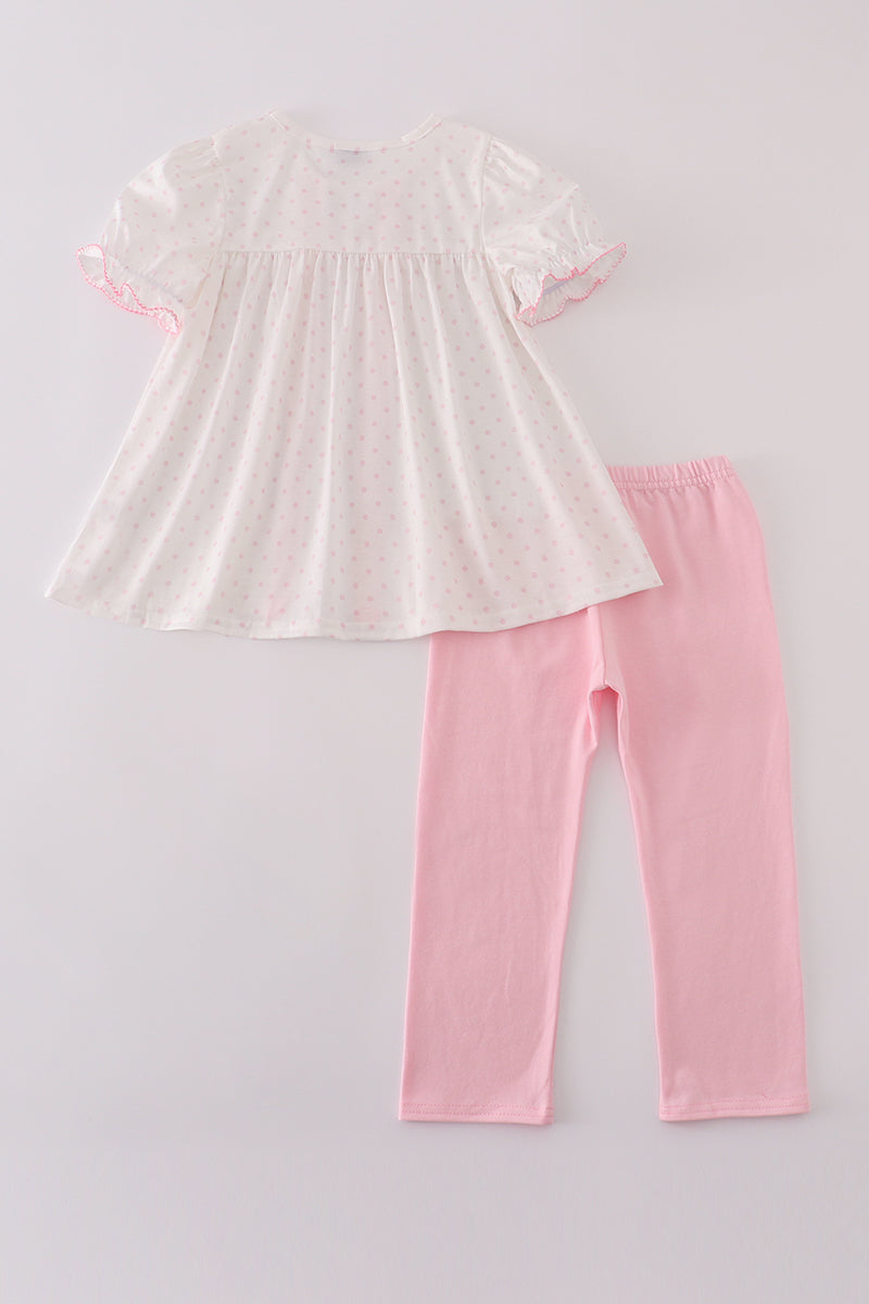 Pink bow embroidery dot ruffle pants set