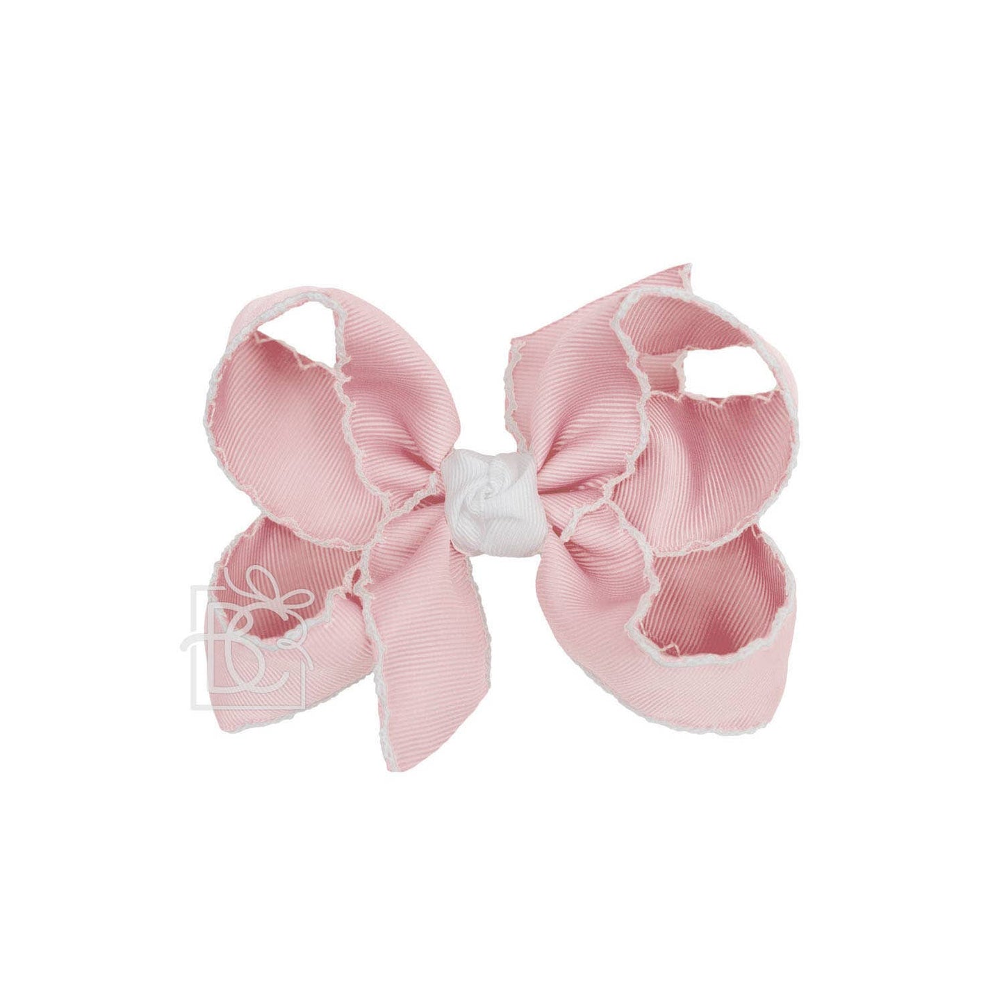 CROCHET EDGE RIBBON BOW ON CLIP: 4.5" Large - 1.5" Ribbons on Alligator Clip / WHITE/LT. PINK