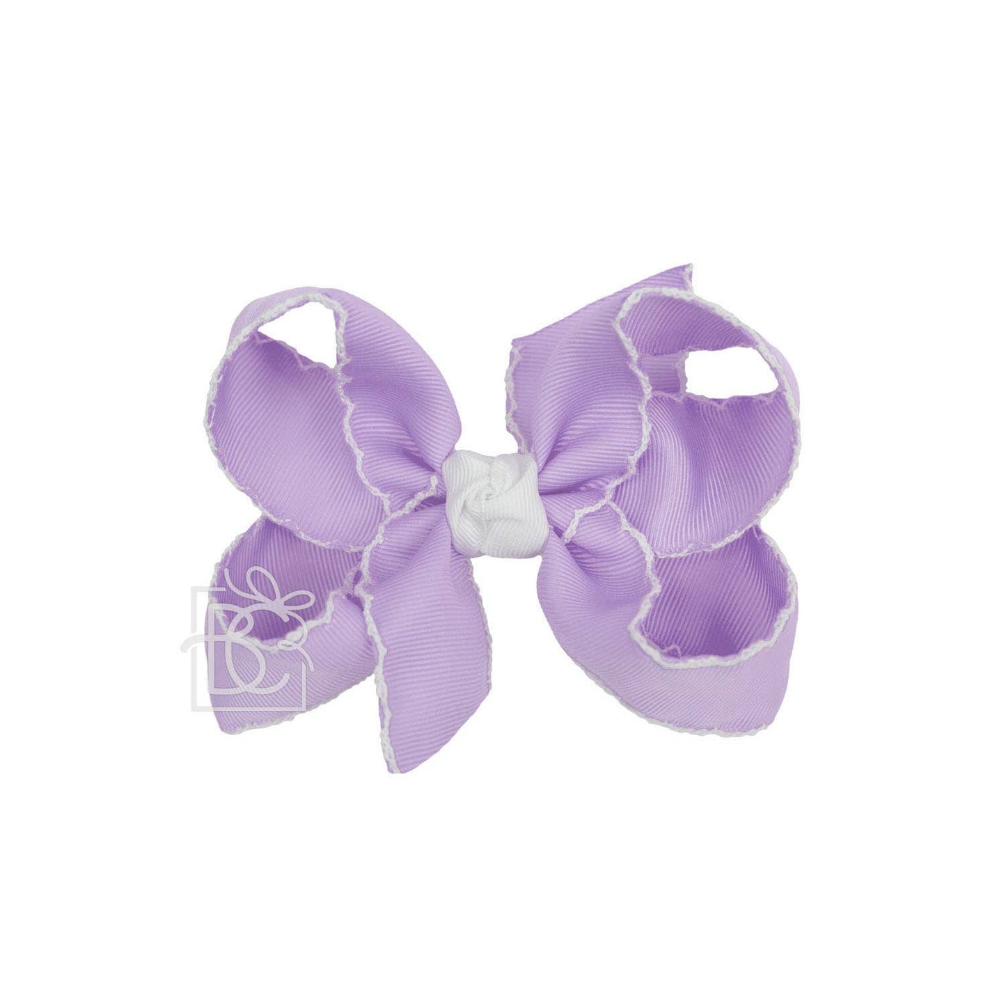 CROCHET EDGE RIBBON BOW ON CLIP: 4.5" Large - 1.5" Ribbons on Alligator Clip / WHITE/LT. PINK