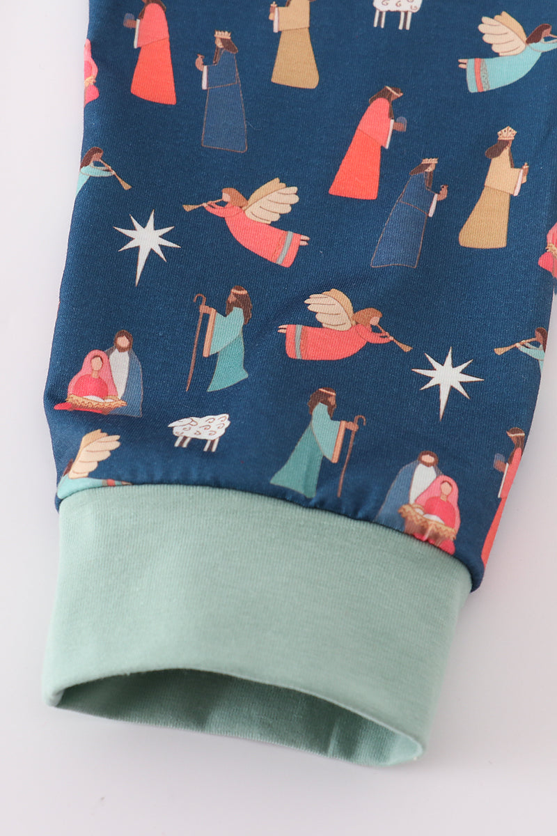Navy nativity print pants set