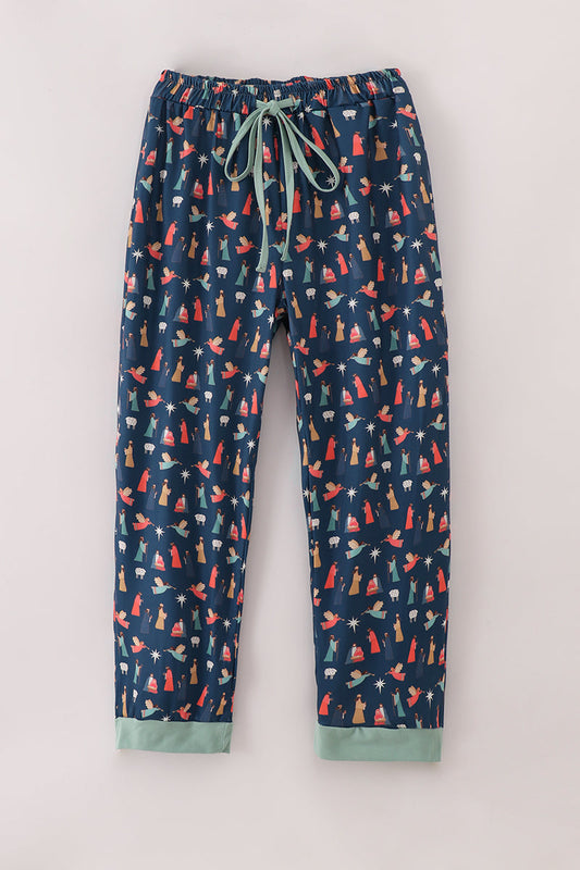 Navy nativity print mom pajamas pants
