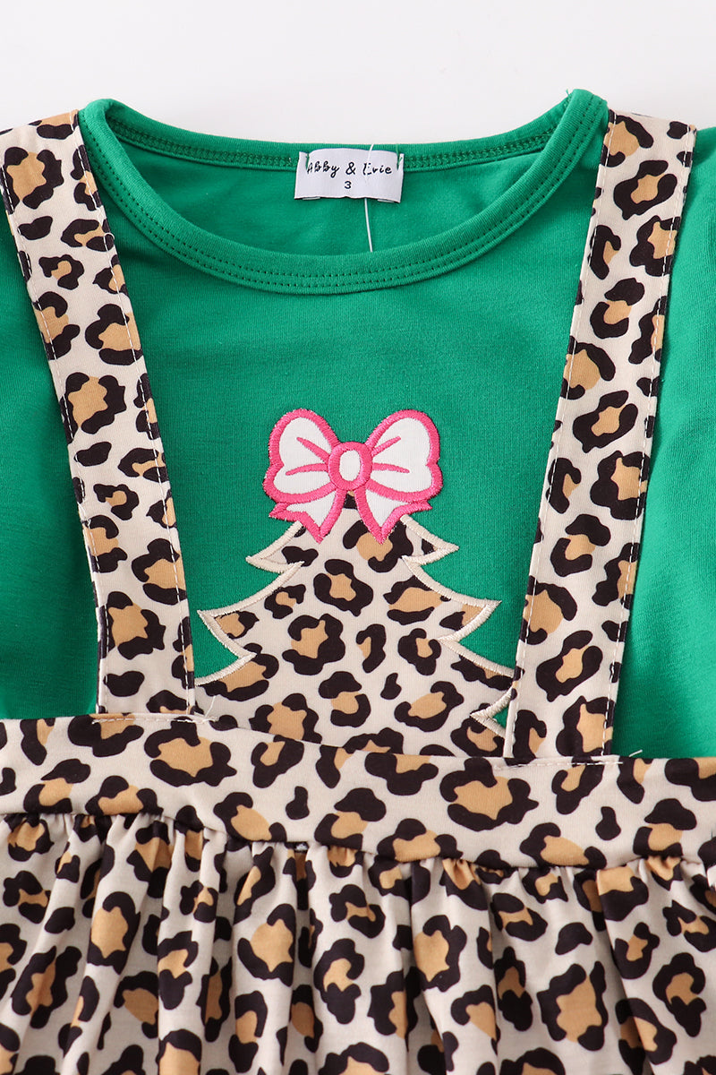Forest tree applique leopard ruffle skorts set