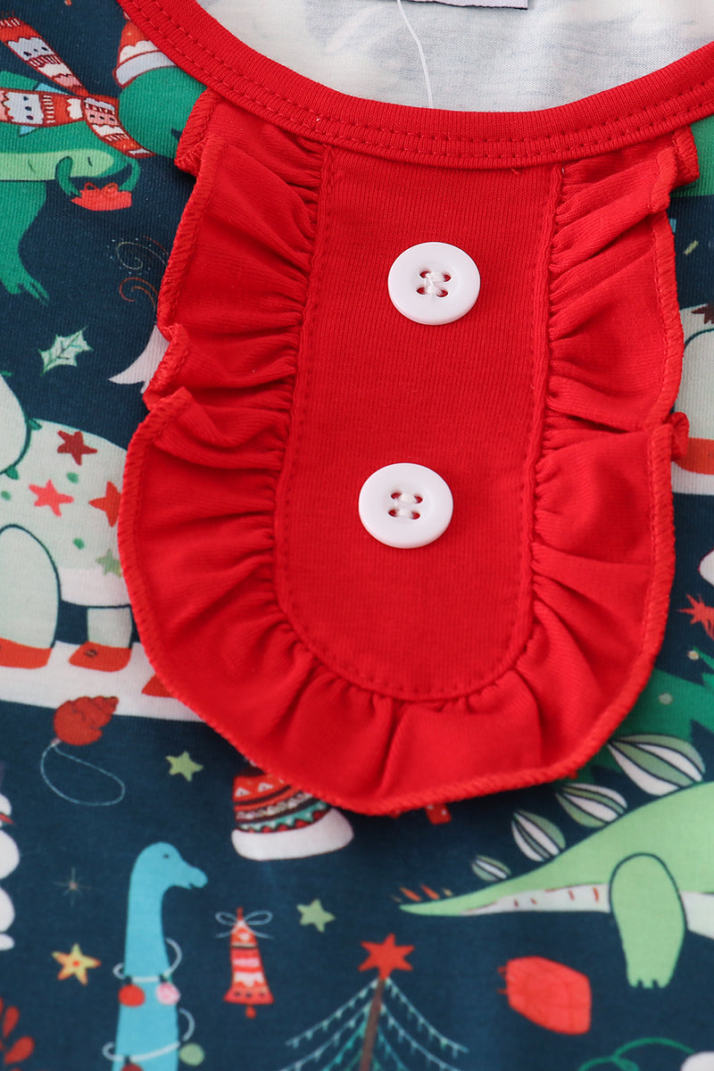 Green dinosaur print ruffle pants set