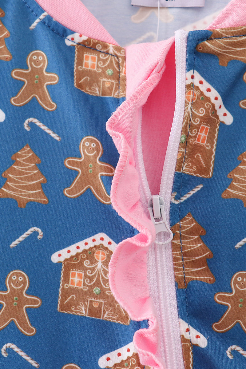 Navy gingerbread print ruffle romper