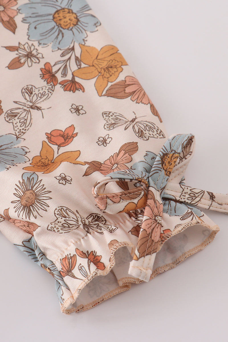 Khaki deer embroidery floral dress