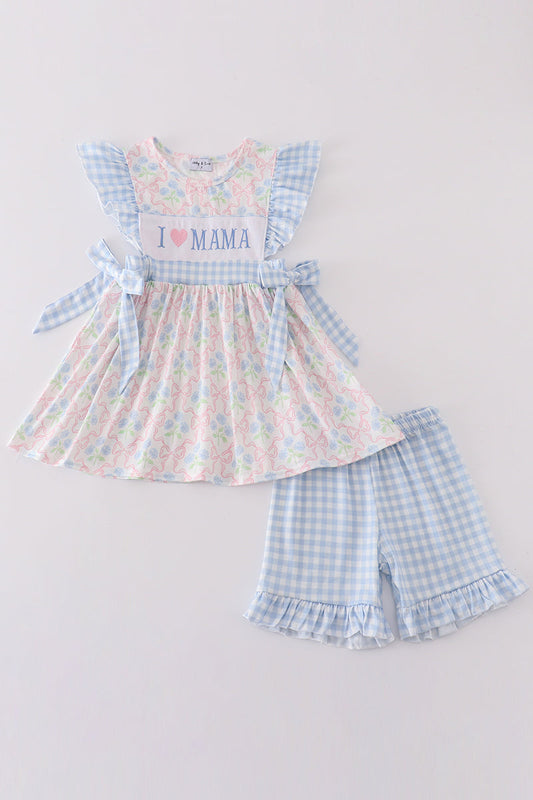 Blue I love mama embroidery girl set