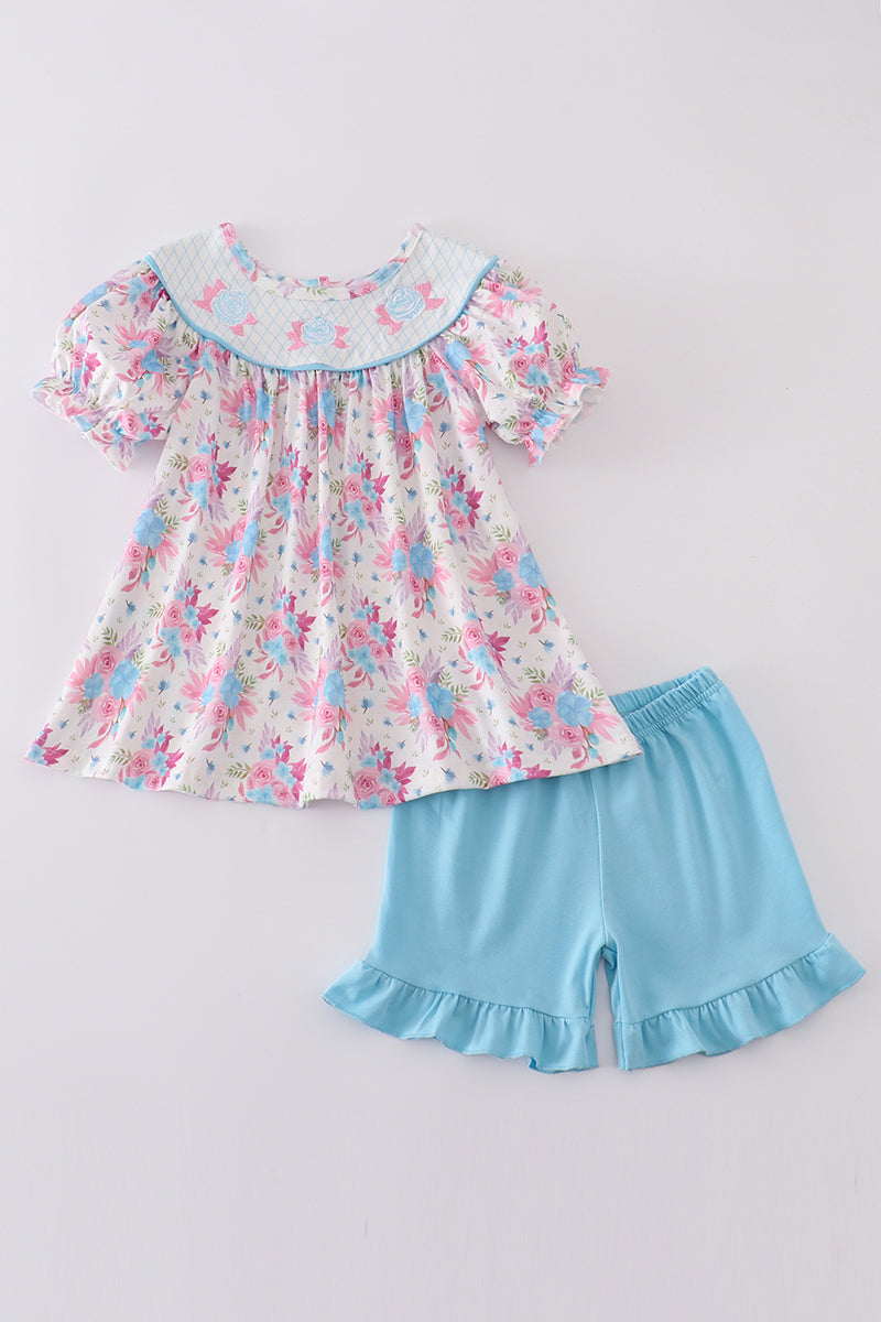 Blue petal meadow embroidery girl set