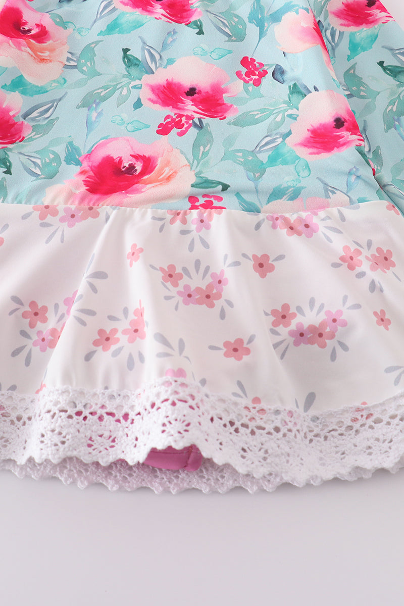 Blushing rose garden print girl one-piece leotard