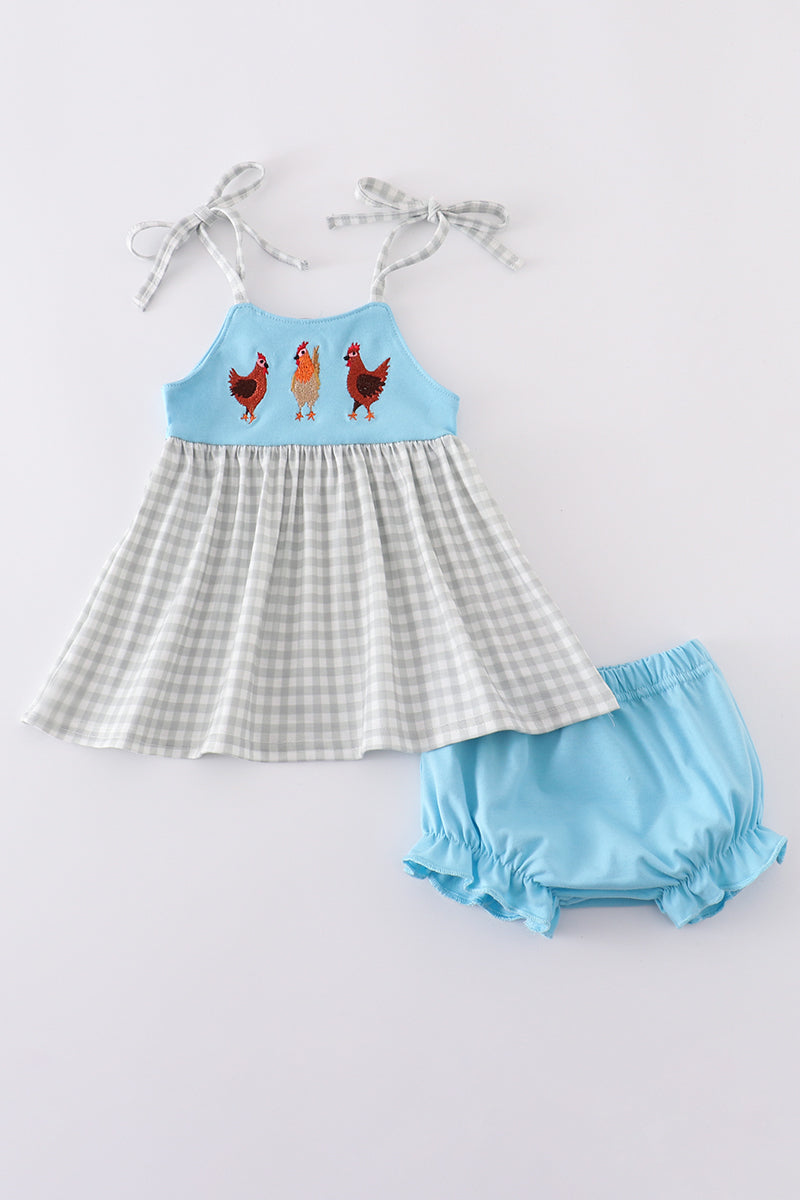 Blue farm chicken embroidery bloomer set