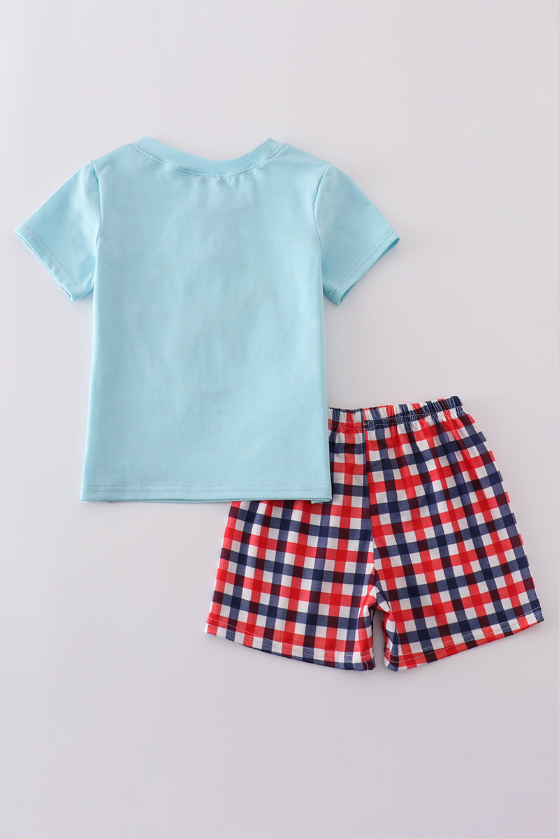 Blue puppy gingham applique shorts set