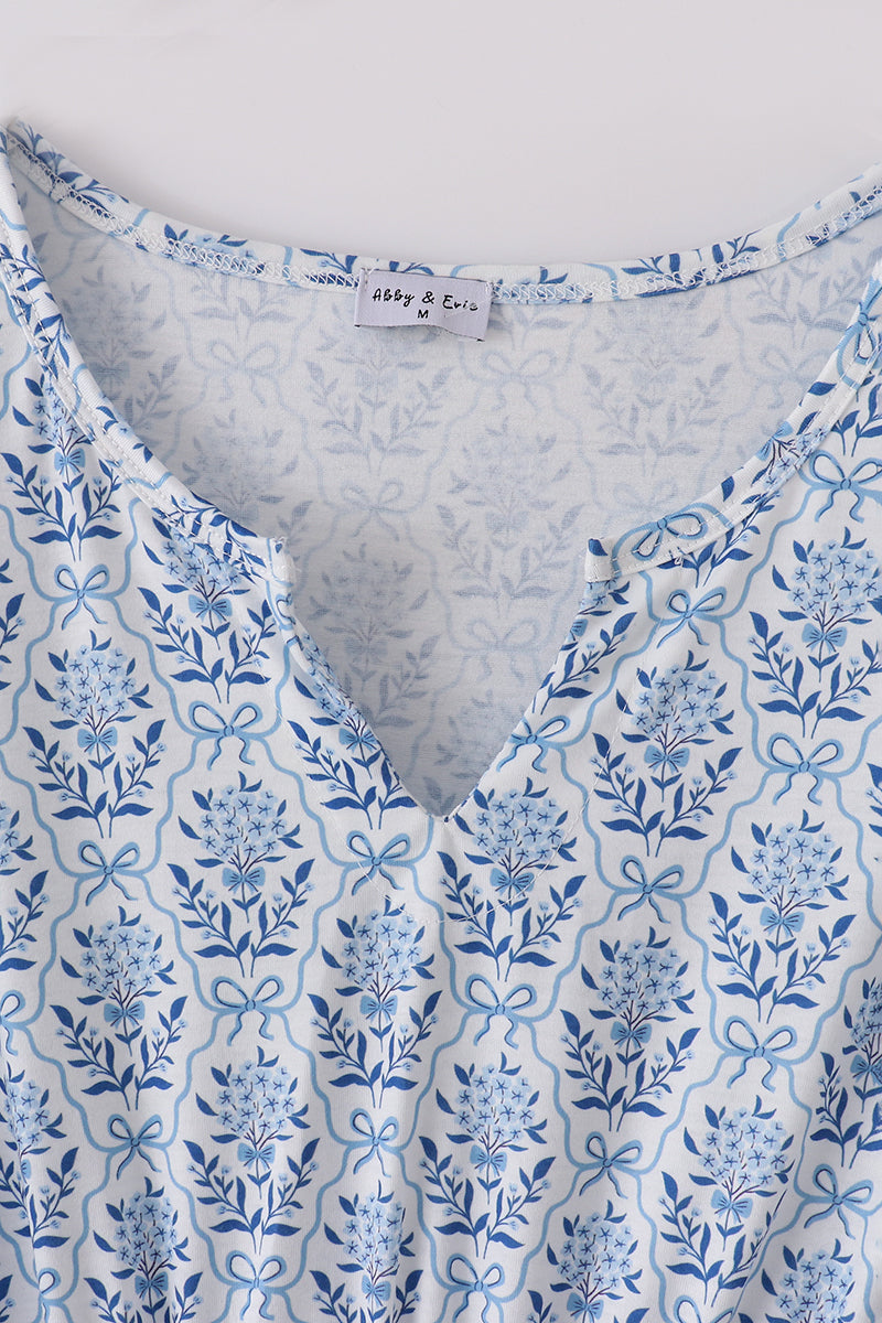 Blue toile garden bow mom tiered dress