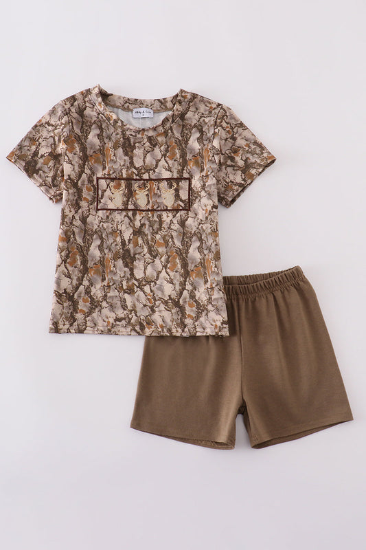 Brown three deers embroidery shorts set