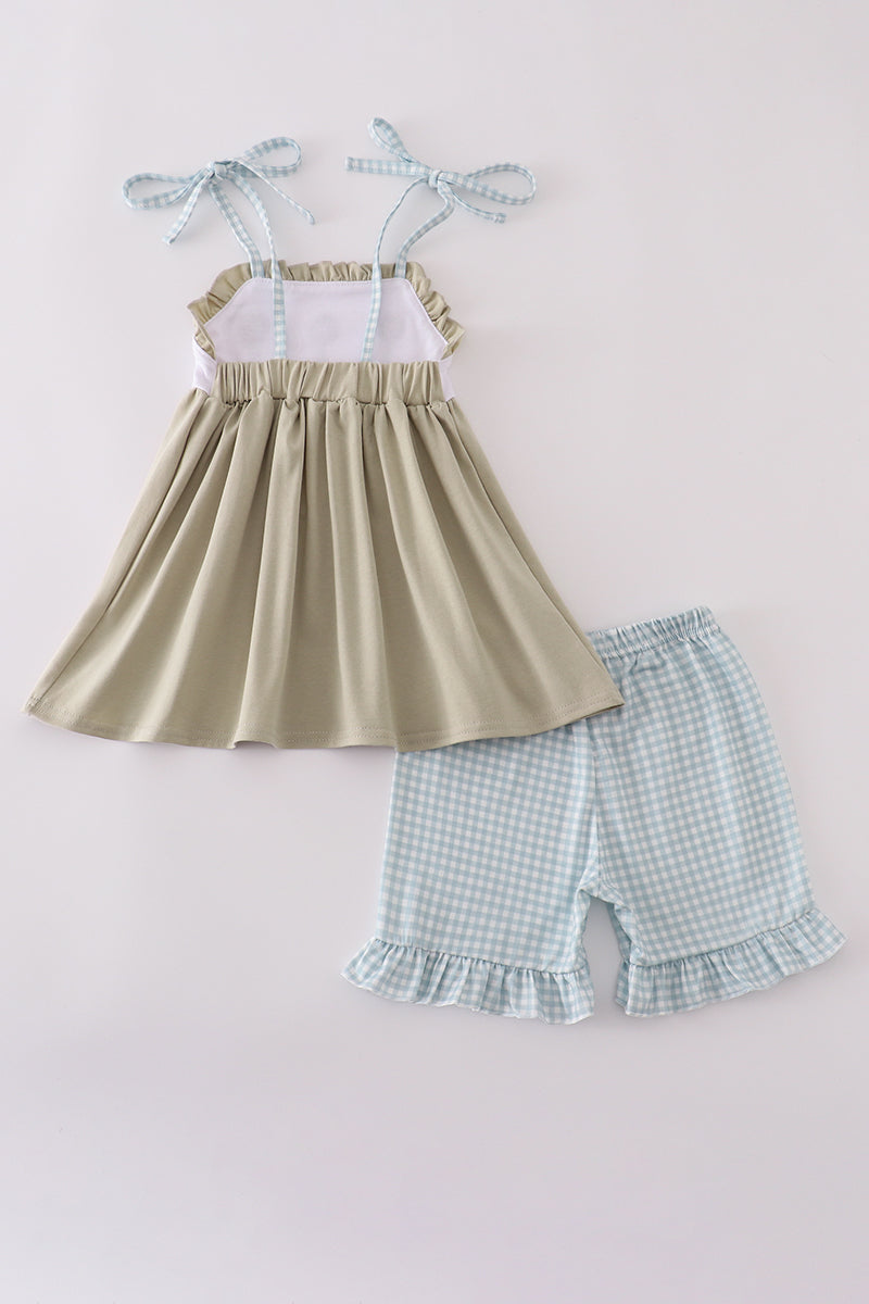 Green farm windmill embroidery ruffle shorts set