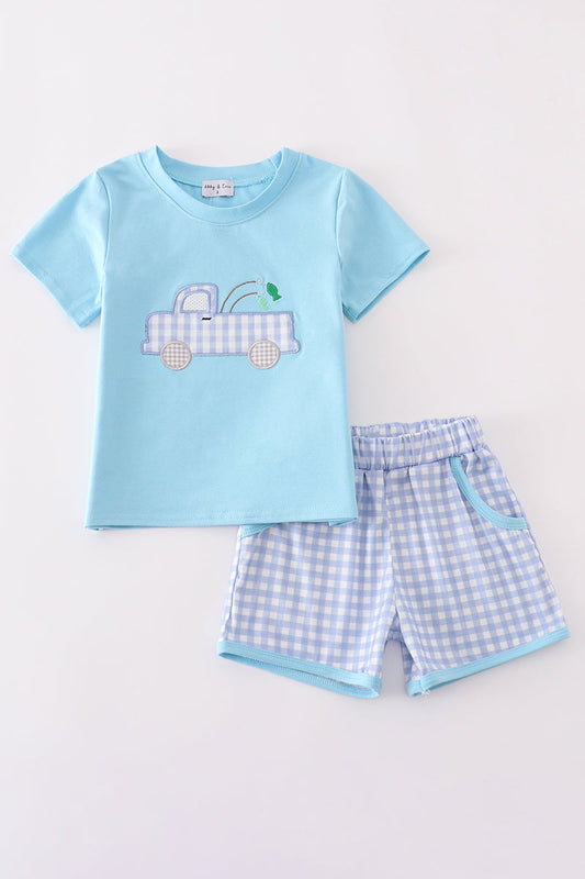 Blue truck fishing applique shorts set
