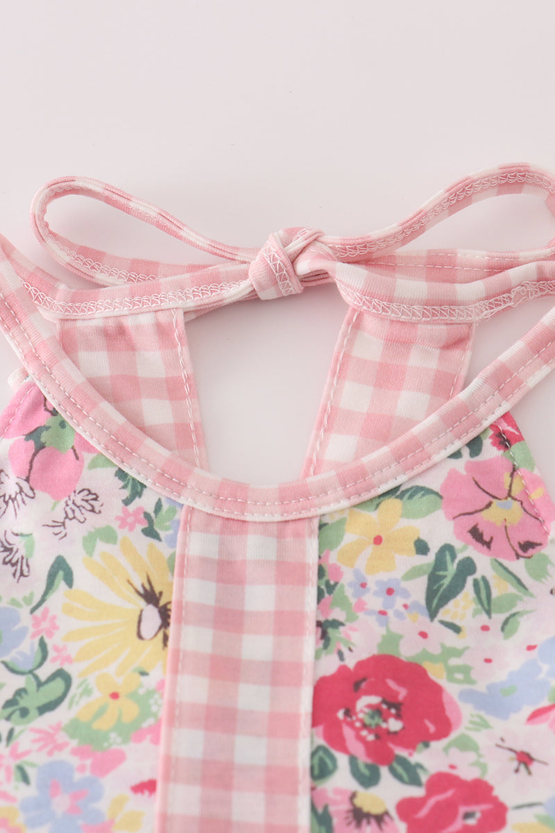 Pink floral bow ruffle shorts set