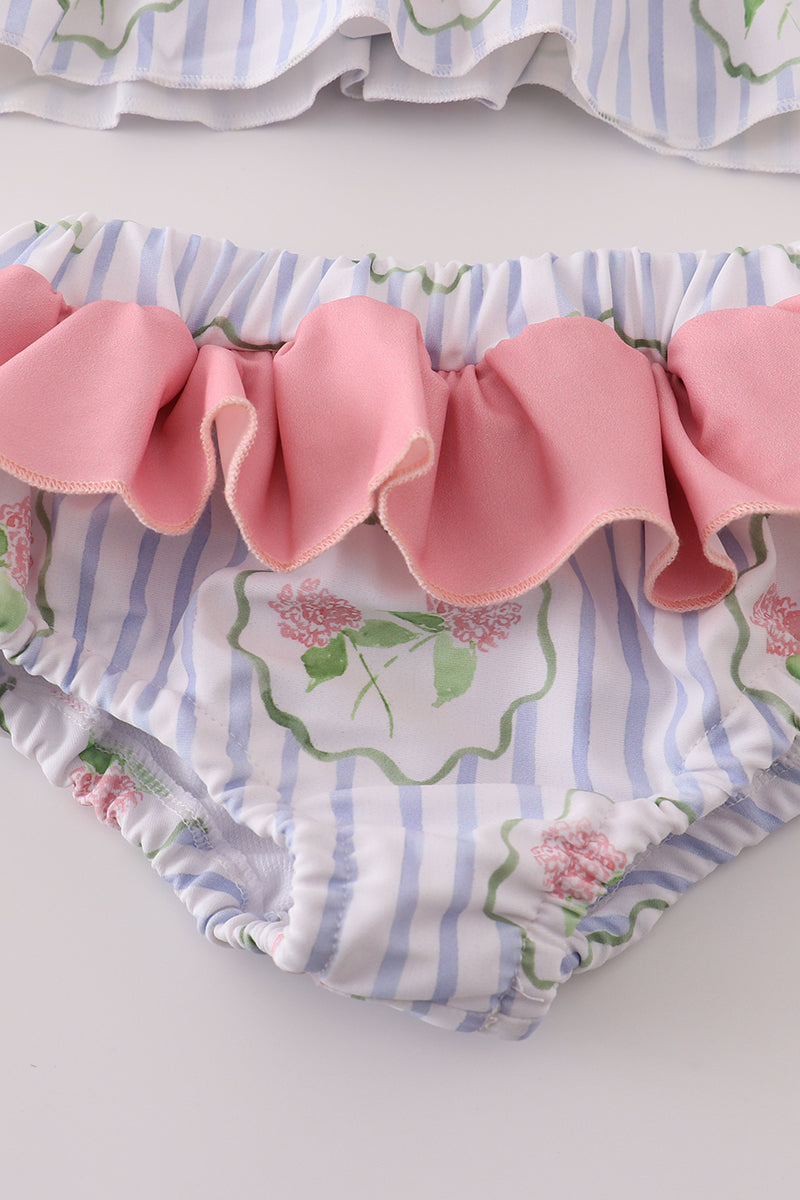 Floral stripe ruffle 2pc swimsuit UPF50+
