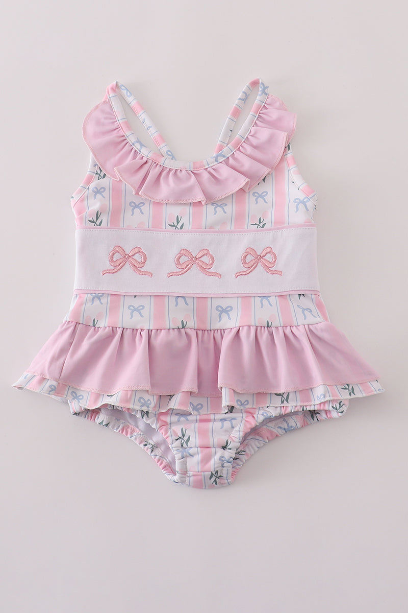 Pink bow embroidery swimsuit set UPF50+