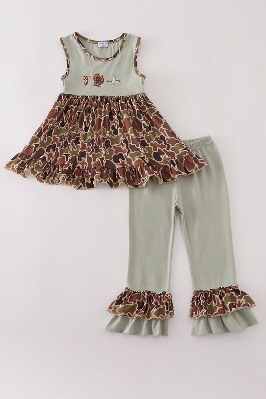 Green camouflage hunting embroidery ruffle pants set