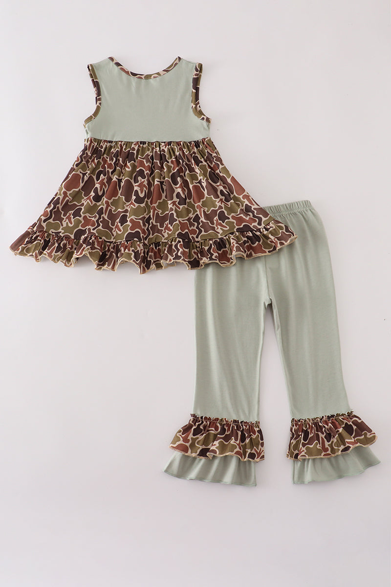 Green camouflage hunting embroidery ruffle pants set