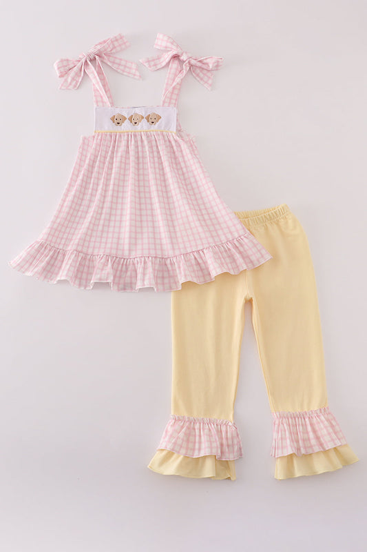 Pink puppy embroidery ruffle pants set