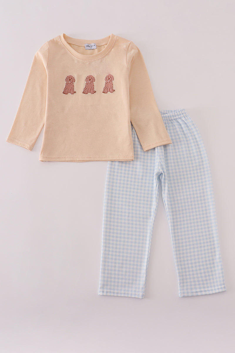 Cream puppy embroidery pants set