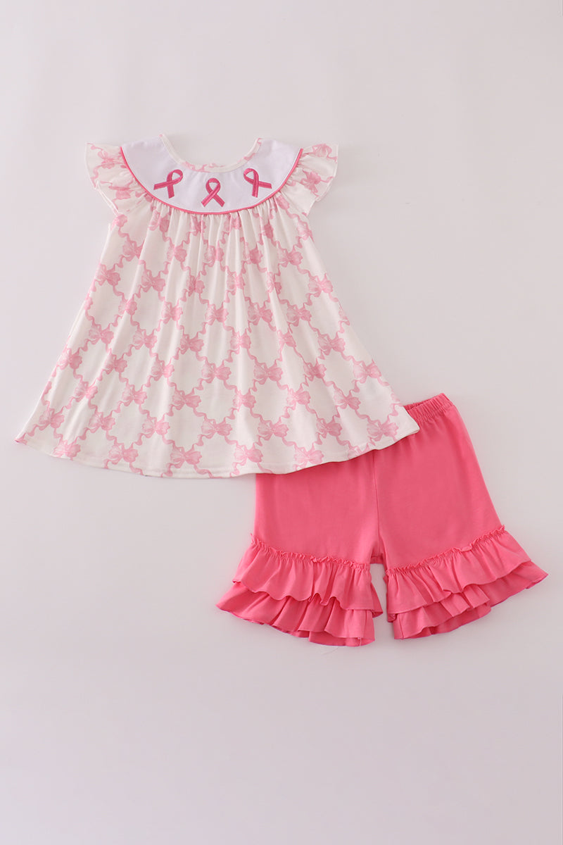 Pink bow tie embroidery ruffle shorts set