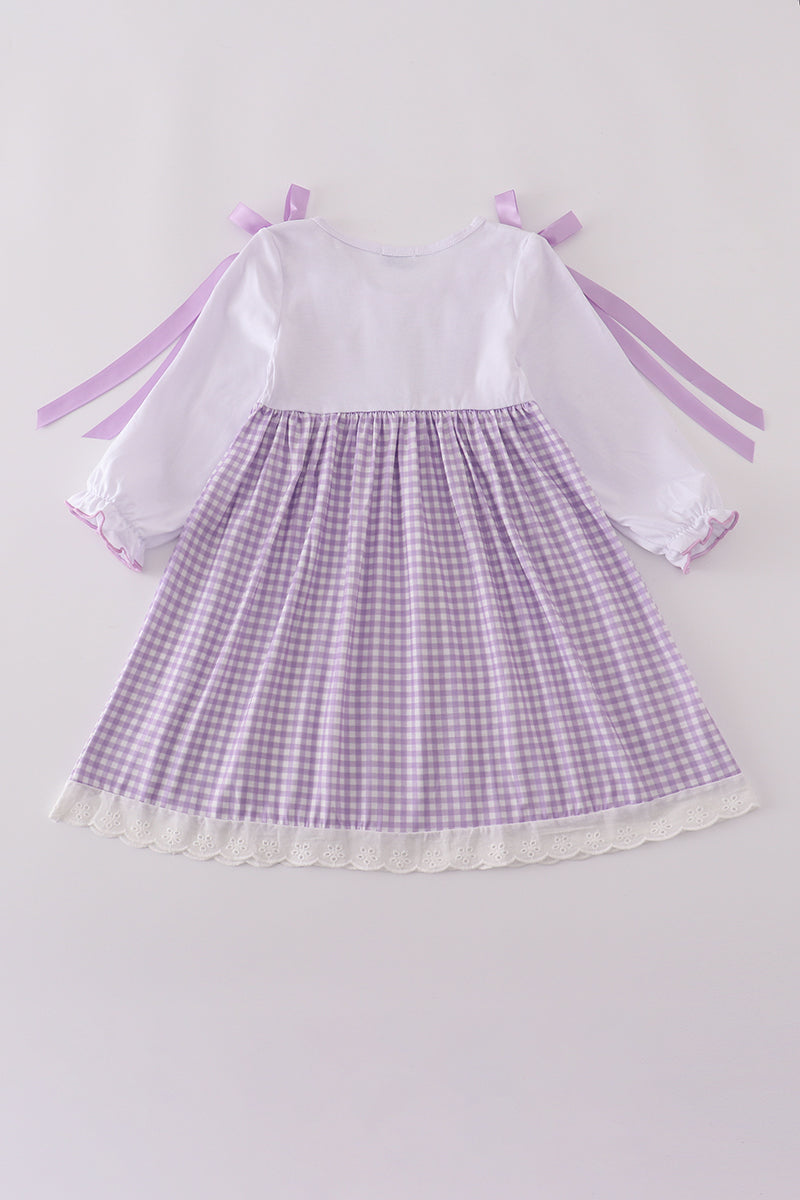 Lavender ribbon lace embroidery gingham dress