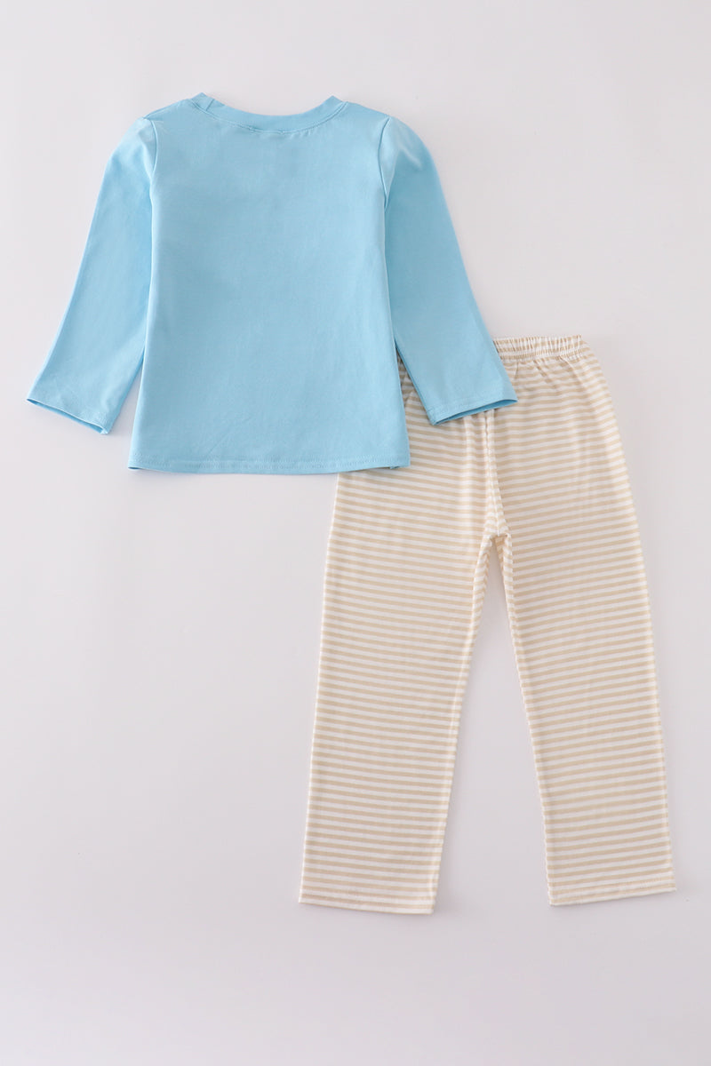 Blue puppy french knot pants set