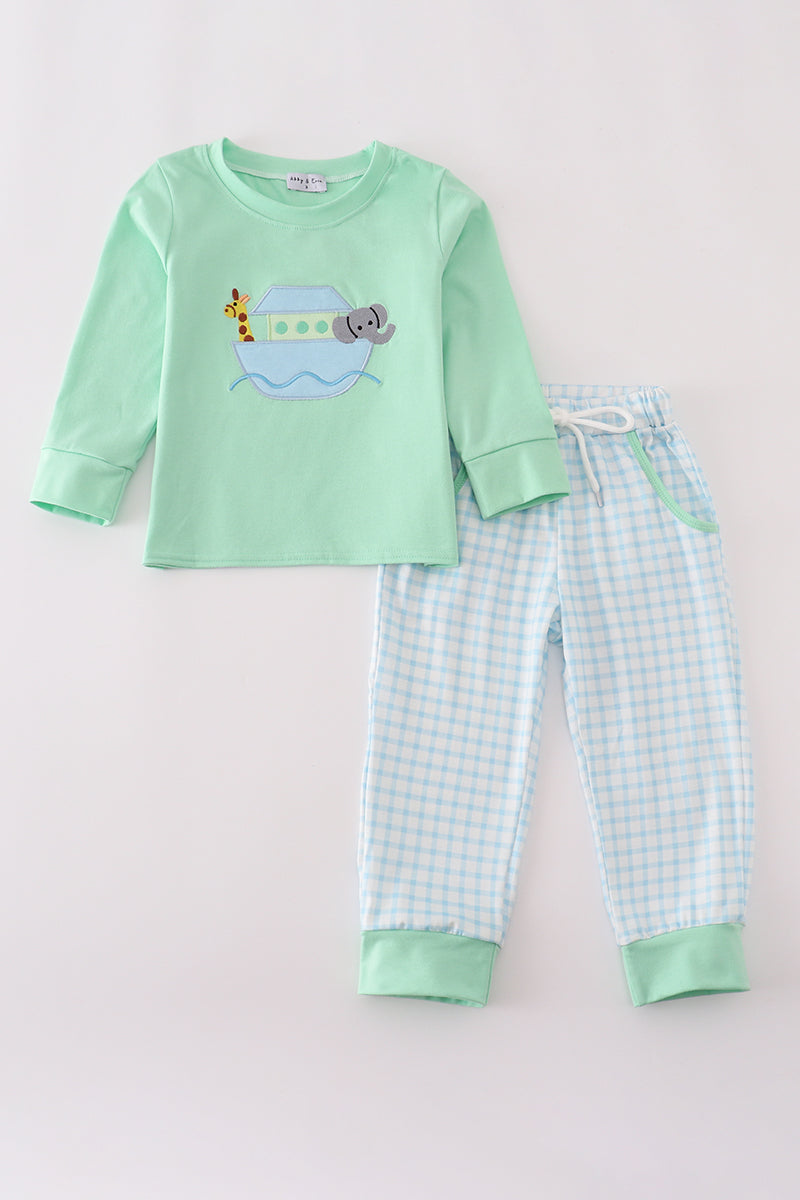 Green Noah's Ark applique ruffle pants set