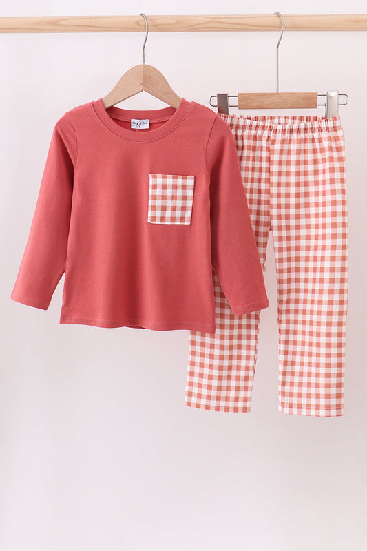 Gingham corduroy pants set