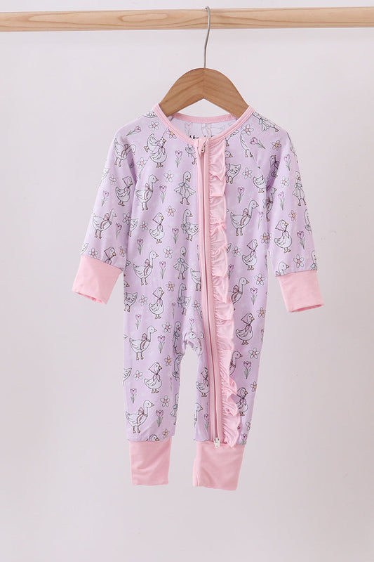 Pink floral bow duck bamboo ruffle zipper romper