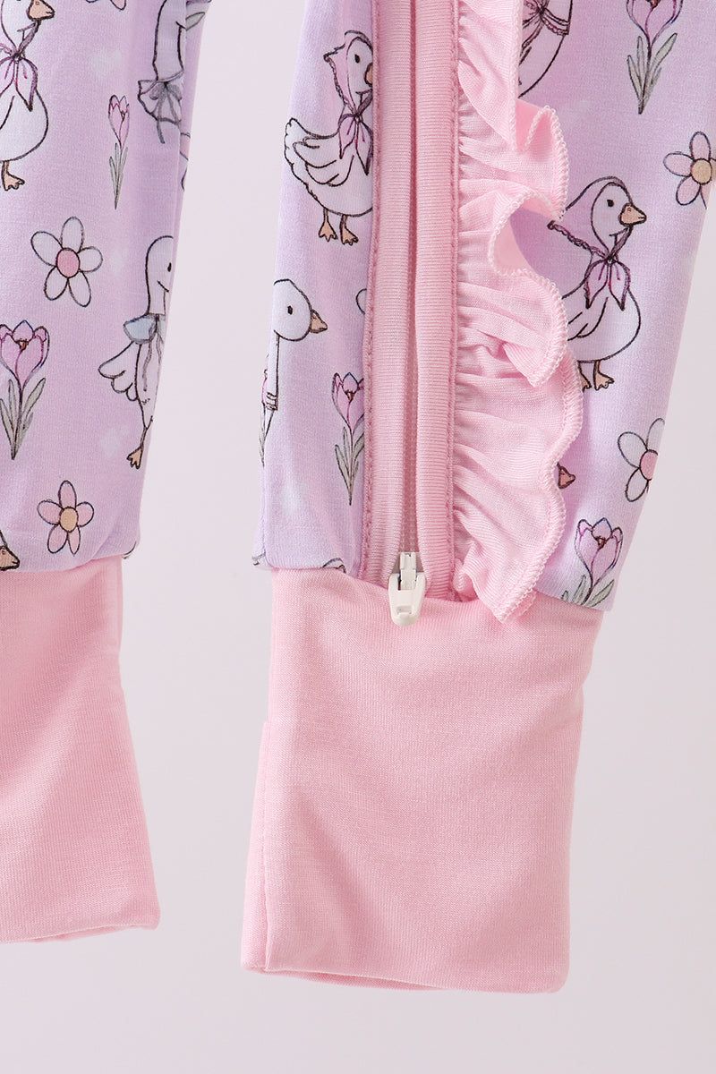 Pink floral bow duck bamboo ruffle zipper romper