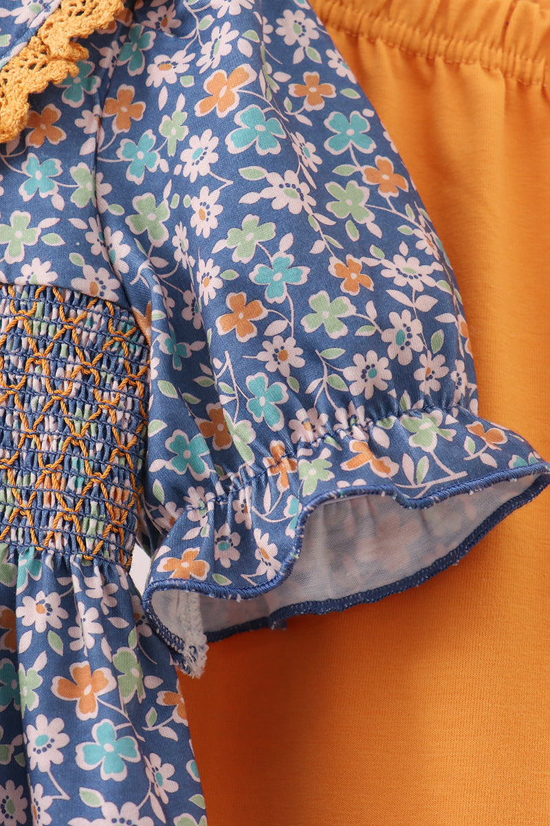Navy floral smocked ruffle pants set