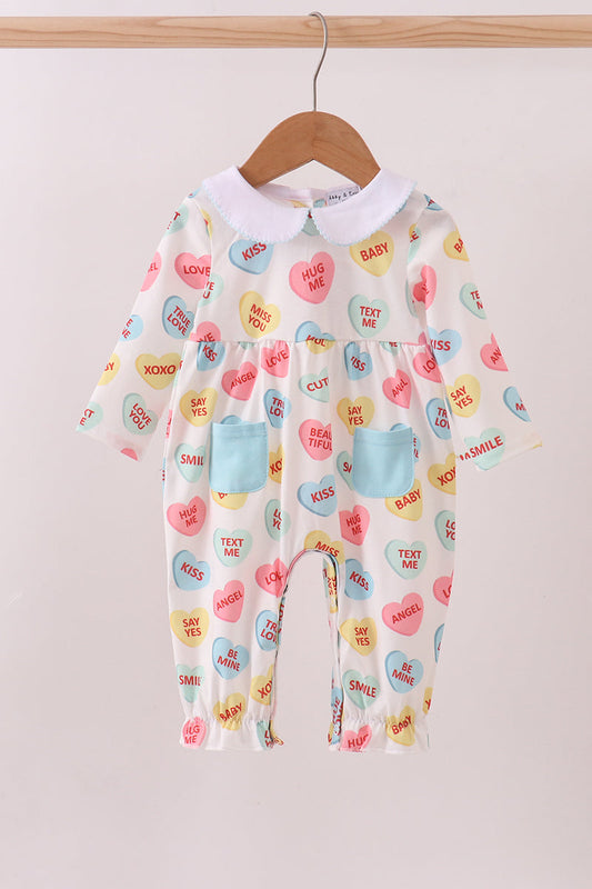 Blue heart print pocket romper